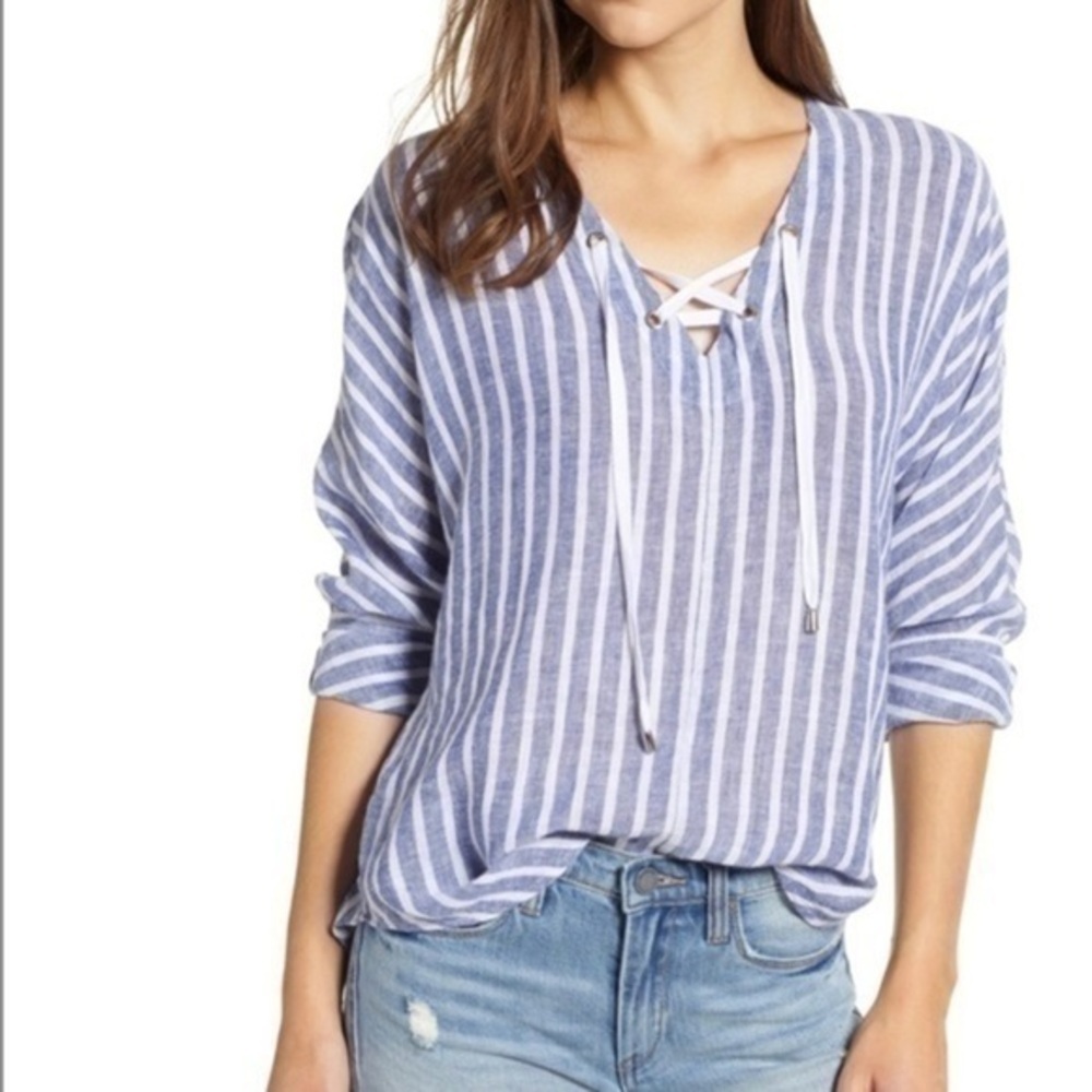 Rails Blue and White Striped Lace-Up V-Neck Blouse